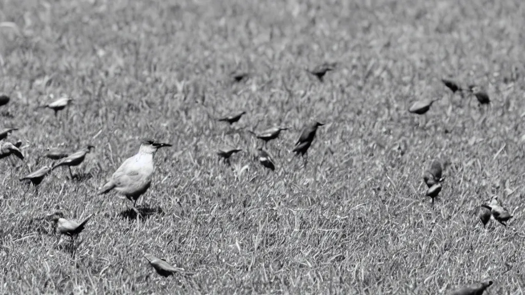 Prompt: a photo of small birds standing on the ground. monochromatic blue filter.