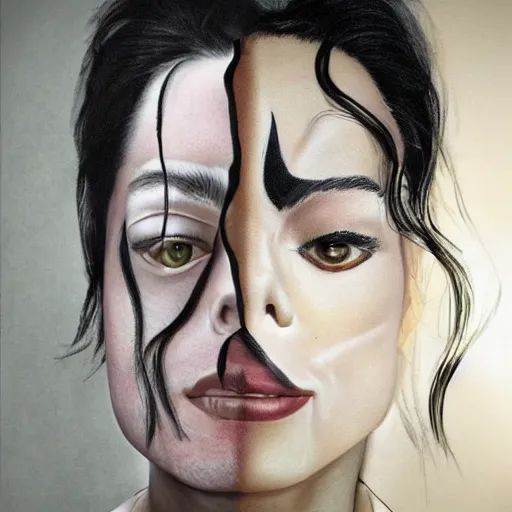 Image similar to Miranda Cosgrove and michael Jackson fusion self portrait, realistic image, studio lighting, elegant