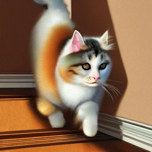 Image similar to long shot of fluffy cat walking down the stairs, daytime, long shadows, highly detailed, warm colors, artstation, concept art, sharp focus, illustration, masterpiece