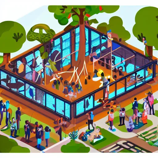 Prompt: a family visiting a zoo of electric animals in cages and digital genies performing, viewed from a tree high above, isometric, muted colors