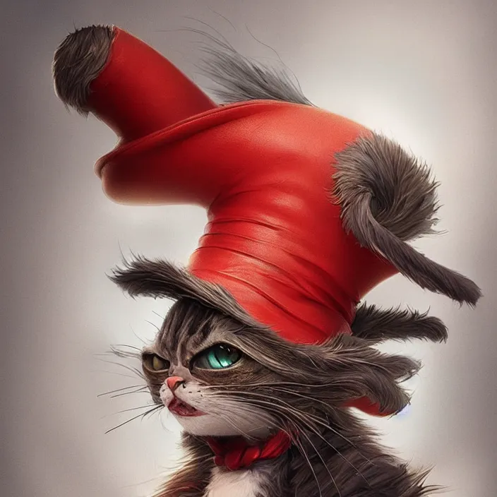 Image similar to complex 3 d render, hyper detailed, ultra sharp, cat in the hat, scary, cute, cinematic, steampunk, natural soft light, rim light, octane render, artstation, art by artgerm and greg rutkowski and alberto seveso, dr seuss