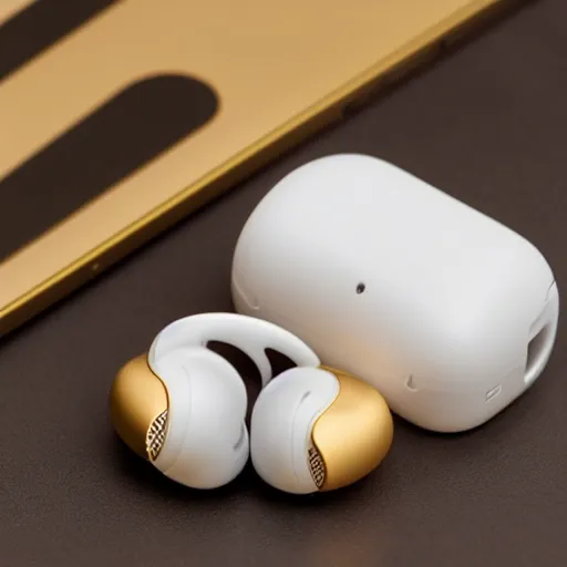 Image similar to a single beige truly wireless earbud with gold accents, beige case, studio, product photo