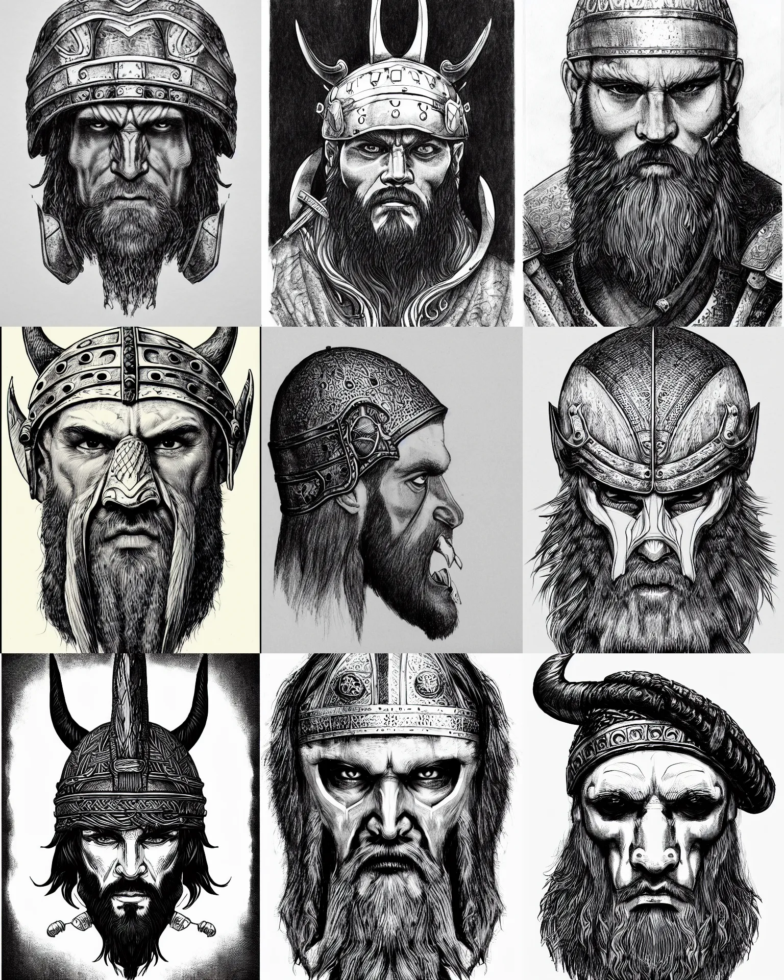 Prompt: detailed october ink drawing of a head of a beared viking wearing a bone helm, white wall background, medium shot, front face symmetrical, trending on artstation