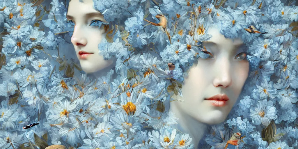 Image similar to breathtaking detailed concept art painting art deco pattern of faces goddesses amalmation light - blue flowers with anxious piercing eyes and blend of flowers and birds, by hsiao - ron cheng and john james audubon, bizarre compositions, exquisite detail, extremely moody lighting, 8 k