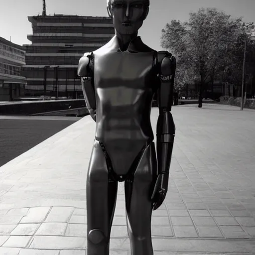 Image similar to “a realistic detailed photo of a guy who is an attractive humanoid who is half robot and half humanoid, who is a male android, twitch streamer and youtuber Ludwig Ahgren, shiny skin, posing like a statue, blank stare”