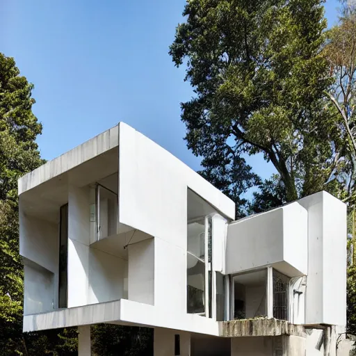 Image similar to second story elevated white brutalist home perched atop 2 equidistant separated large piers, double cantilevered design, large windows, elegant, white stone, proportion, golden ratio, epic composition, steel window mullions, cars parked underneath