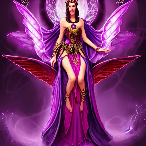 Prompt: Half Fey Princess sorceress with red flaming wings on her back and sitting on an ornate throne dressed in a fancy purple dress, Fantasy, Full Portrait, Planeswalker, Magic The Gathering, High detail, realistic, Liliana Vess