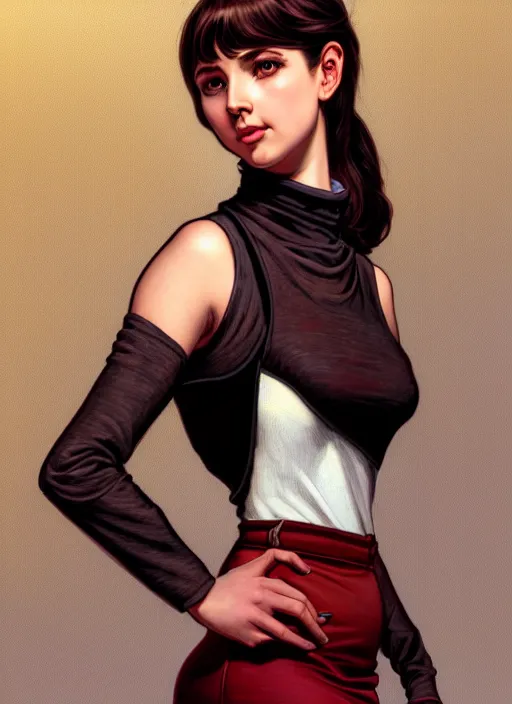 Image similar to portrait of a full body of beautiful young female secretary, d & d, sleeveless turtleneck, pencil skirt, fantasy, flat lighting, intricate, highly detailed, digital painting, artstation, concept art, smooth, sharp focus, illustration, art by simon bisley and greg rutkowski and alphonse mucha, natural tpose