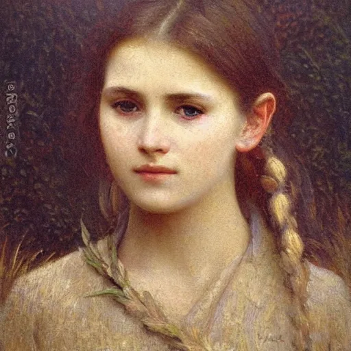 Image similar to a detailed, intricate oil painting close - up portrait of a ukrainian peasant girl in a field of grain, by william adolphe bougereau