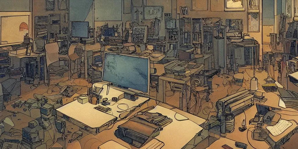 Image similar to writer's room, many screens, incredibly creative atmosphere, cameras, cinema, cinematic illustration by moebius, masterpiece