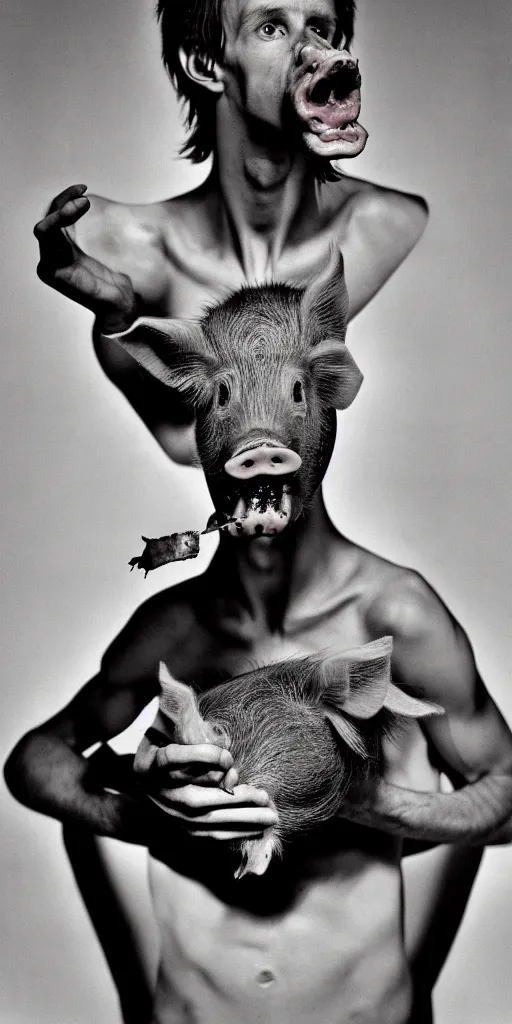 Prompt: award winning photo of ANOREXIC ROBERT BARRET EATING A PIG, vivid colors, happy, symmetrical face, beautiful eyes, studio lighting, wide shot art by Sally Mann & Arnold Newman