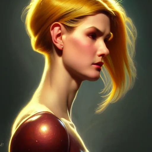 Image similar to head and shoulder portrait of Samus Aran, dark fantasy, medium shot, intricate, elegant, highly detailed, digital painting, volumetric light, artstation, concept art, smooth, sharp focus, illustration, art by Gil Elvgren and Greg Rutkowski and Alphonse Mucha