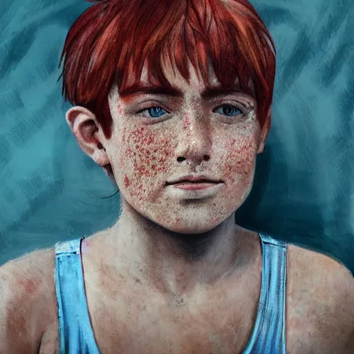 Image similar to face portrait of a boy with red hair and freckles, blue eyes, a long nose, highly detailed, digital art