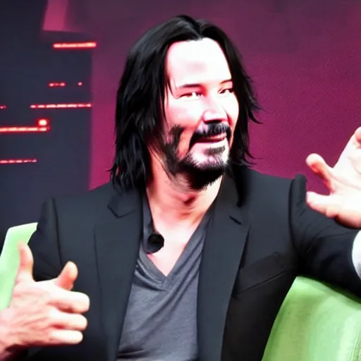 Image similar to Keanu Reeves facepalming over how bad Cyberpunk 2077 was