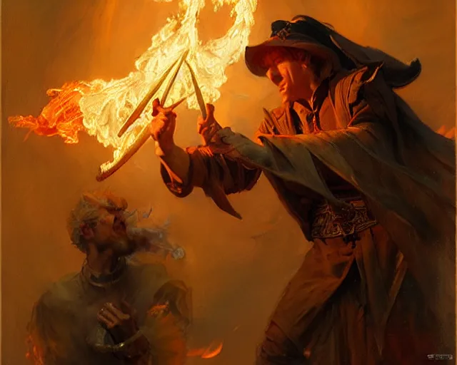 Image similar to attractive wizard casting powerful fire spell. highly detailed painting by gaston bussiere, craig mullins, j. c. leyendecker 8 k