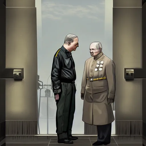 Prompt: Adolph Hitler meeting John Paul II, illustration in cyberpunk style, trending on Artstation