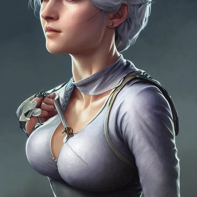 Image similar to cirilla wearing tight in chest shirt, ultra realistic, pretty face, extremely detailed face, anatomically correct, symmetrical, concept art, intricate details, highly detailed, photorealistic, octane render, 8 k, unreal engine. art by artgerm and greg rutkowski and alphonse mucha