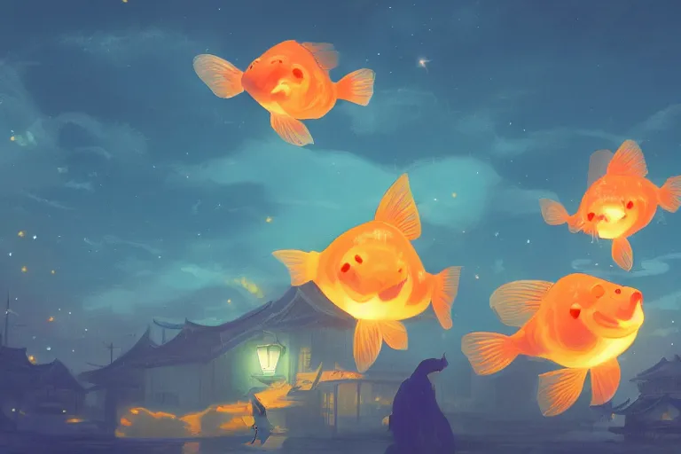 Image similar to fantasy art of glowing goldfish floating in the air, in a japanese town at night, by makoto shinkai, highly detailed digital art, trending on artstation