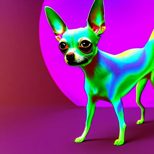 Prompt: a psychedelic chihuahua living in an extradimensional reality, in the style of wlop, illustration, epic, fantasy, hyper detailed, smooth, unreal engine, sharp focus, ray tracing, physically based rendering, renderman, beautiful