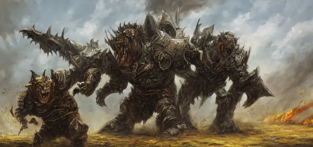Image similar to oil painting of giant conquering orc beast in full tactical armor roars as it steps over it's fallen enemy's bodies