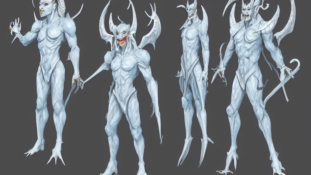 Prompt: a fantasy white and pale blue draconian demon with bright eyes character design sheet, trending on artstation