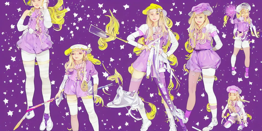 Prompt: A character sheet of a magical girl holding a paintbrush with short blond hair and freckles wearing an oversized purple Beret, Purple overall shorts, jester shoes, and white leggings covered in stars. Rainbow accents on outfit. Concept Art painting. By ZaZa. By WLOP. By Artgerm. By Alphonse Mucha. Decora. harajuku fashion