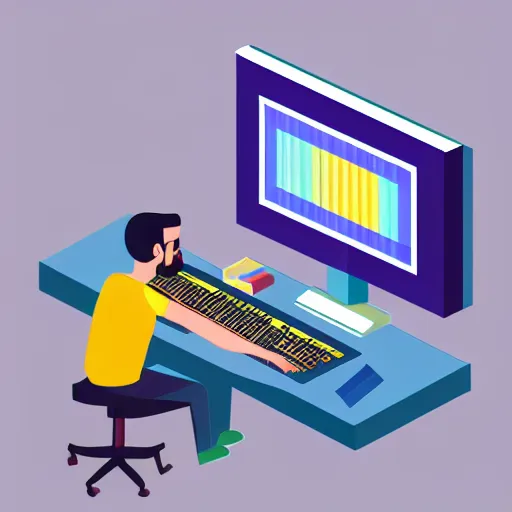 Image similar to programmer in front of his computer station, isometric, detailed, ideal symmetry, perfect pixel alignment, 8 k,