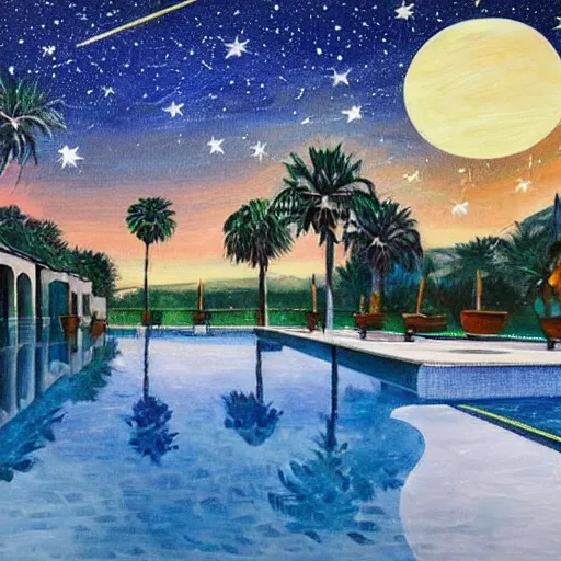 Prompt: a beautiful painting of a tiled pool surrounded by tall palm trees and egyptian architecture underneath a star and nebula filled night sky