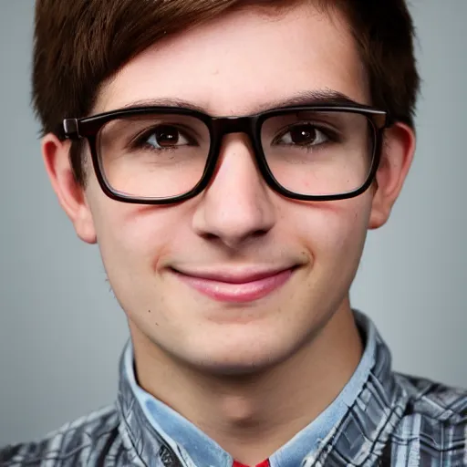 Prompt: portrait photo of a young man with short brown hair wearing glasses ( 2 0 1 5 )