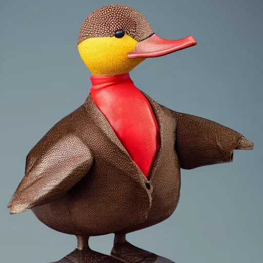 Image similar to a high detail photo of an antropomorphic duck wearing a suit, subject= duck, subject detail: wearing a suit, photorealism