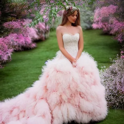 Image similar to light pink wedding dress. with white large exotic large, exotic. flowers. of zigzag intricate pattern of green fluffy. herbs. in the fantasy style. dress with train. hyper - realistic photo.