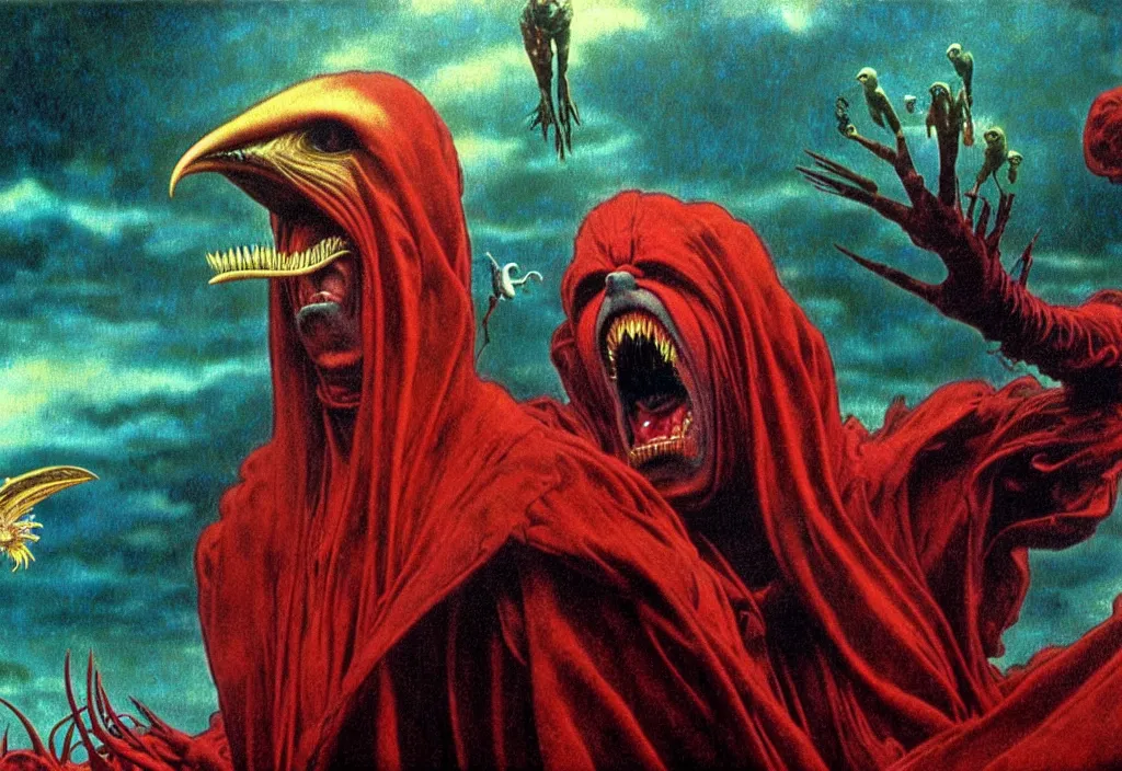 Prompt: realistic detailed portrait movie shot of a screaming birdman wearing black robes, sci fi landscape background by denis villeneuve, amano, yves tanguy, alphonse mucha, max ernst, ernst haeckel, roger dean, masterpiece, rich moody colours, snarling dog teeth