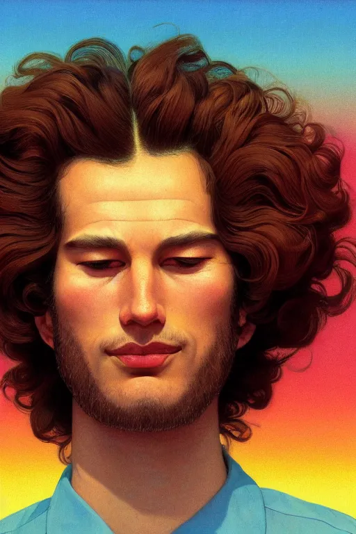 Prompt: a colorful vibrant closeup portrait of a simple caucasian man with curly mid length brown hair with a calm aesthetic face and dreaming psychedelic hair, mid shot, by kawase hasui, moebius, edward hopper and james gilleard, zdzislaw beksinski, steven outram colorful flat surreal design, hd, 8 k, artstation