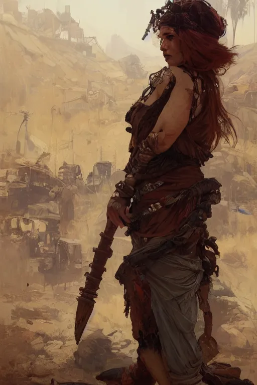 Prompt: a full body portrait of a beautiful post apocalyptic offworld miners quarter bedouin blind pulp fiction scarlet wild rogue barbarian leper begging by the roadside, intricate, elegant, highly detailed, digital painting, artstation, concept art, smooth, sharp focus, illustration, art by krenz cushart and artem demura and alphonse mucha