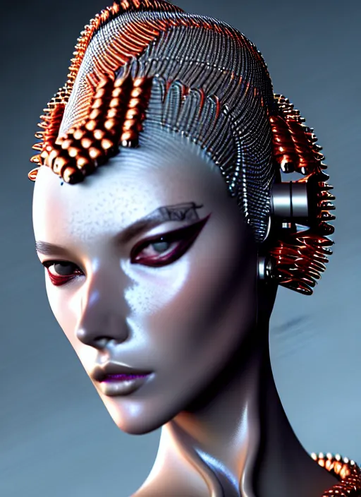 Image similar to absurdly beautiful, graceful, sophisticated, fashionable cyberpunk mechanoid carying perfume, by irakli nadar and alexandre ferra, intricate linework, white porcelain skin, faberge, coral headdress, unreal engine 5 highly rendered, global illumination, radiant light, detailed and intricate environment