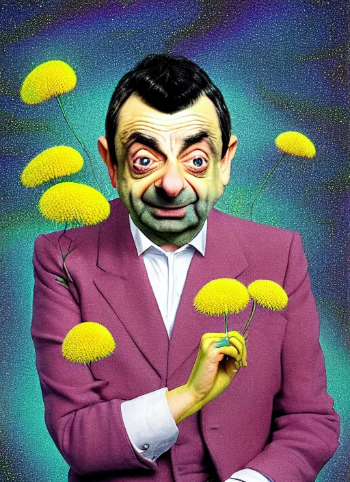 Image similar to hyper detailed 3d render like a Oil painting muted colors - slightly silly portrait of Rowan Atkinson cross eyed as Mr. Bean atop his yellow beetle in Aurora seen tickling of the Strangling network of yellowcake aerochrome and milky Fruit and Her delicate Hands hold of gossamer polyp blossoms bring iridescent fungal flowers whose spores black the foolish stars by Jacek Yerka, Mariusz Lewandowski, Houdini algorithmic generative render, Abstract brush strokes, Masterpiece, Edward Hopper and James Gilleard, Zdzislaw Beksinski, Nicoletta Ceccoli, Wolfgang Lettl, hints of Yayoi Kasuma, octane render, 8k