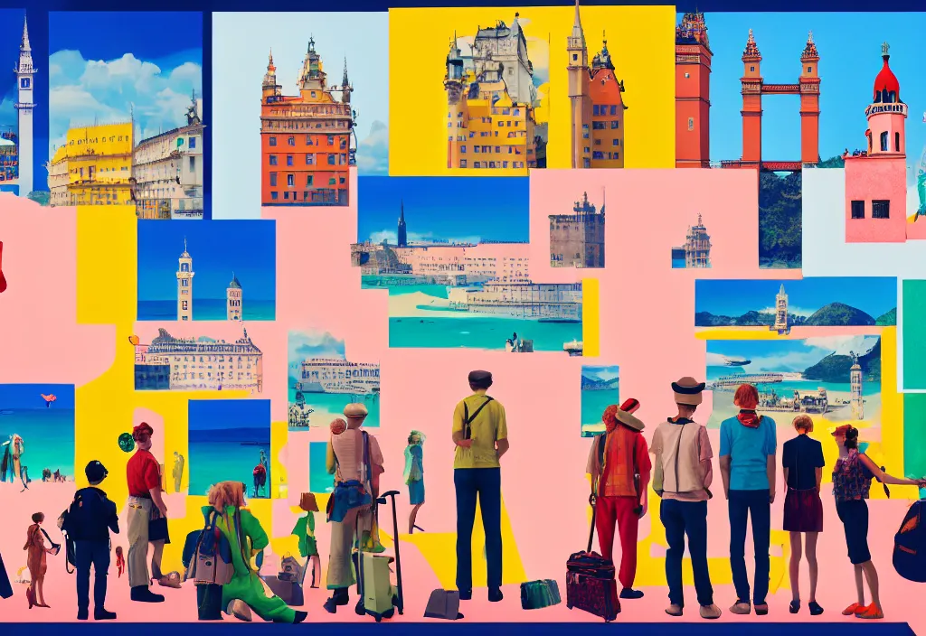 Image similar to full frame, a row of european tourists standing with a variety of poses and props, character designs, a collage painting, in the style of wes anderson, lola dupre, david hockney, isolated on negative white space background dark monochrome neon spraypaint accents volumetric octane render