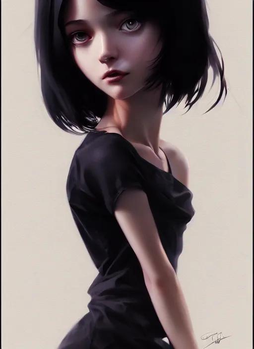 Image similar to ultradetailed beautiful stylish young lady wearing a short top, dramatic, she has black long hair, distressed, volumetric light, full body portrait by greg rutkowski, ilya kuvshinov, james jean, makoto shinkai, on artstation