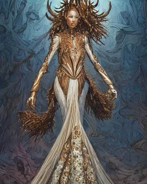 Image similar to fashion model walking down a catwalk, elaborate dress by alexander mcqueen, art by michael whelan and chris moore and howard david johnson and tim white and dan giancola