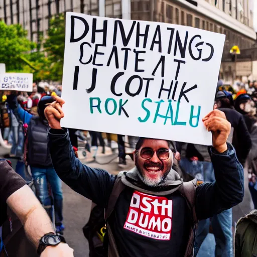 Prompt: photograph of smiling man holding a protest sign saying'dhsvdoabdjxhs sjsjsjdj djdididk ', high detail, 8 k resolution