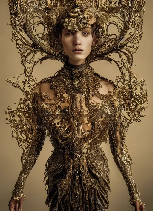 Image similar to a portrait of female model by stefan geselle and nekro borja, photorealistic, intricate details, hyper realistic, fantasy, elegant, ornate metal gold headpiece, photorealistic, canon r 3, photography, wide shot, symmetrical features, wide angle shot, whole body, full body shot, standing pose, feet on the ground, studio background