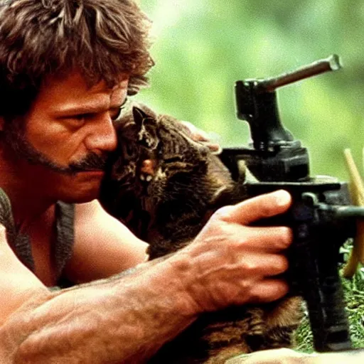 Image similar to A still of Garfield the cat in Rambo First Blood (1982)