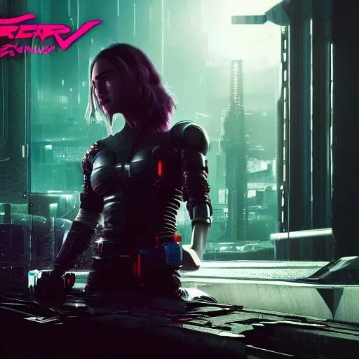 Image similar to Emilia Clarke in Cyberpunk 2077, 4k detailed artstation image, video game poster