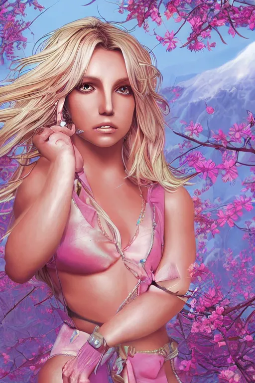 Prompt: hyperdetailed britney spears with sakura trees, cinematic highly detailed artstation hyperstylized illustrated by moebius and yoshitaka amano