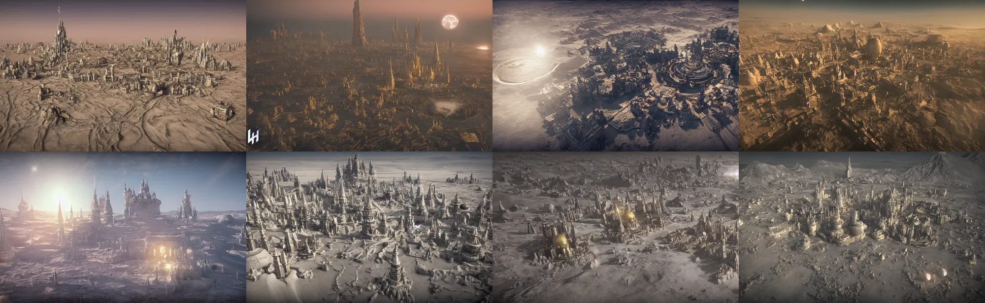 Prompt: a dream kingdom capitol city on the moon designed by Eastern European psychopaths bird’s eye view, sunrise, long shadows, trending on Unreal Engine 5, photorealistic, stunning, award winning photo