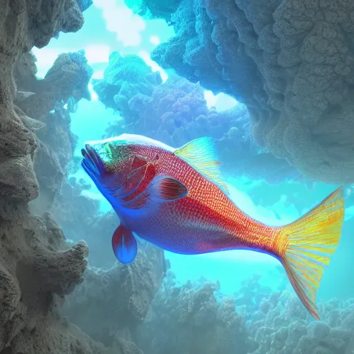 Image similar to a hyperrealistic 3 d octane render of a fish populated by mandelbrot fractals, unreal engine, dramatic lighting, volumetric lighting, backlit, vray lighting, ray tracing, ultra detailed, photorealism, neon, glowing