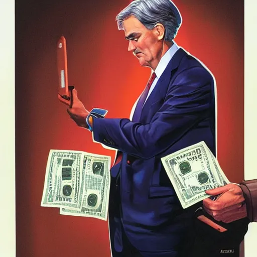 Image similar to jerome powell with a money printer by alex ross