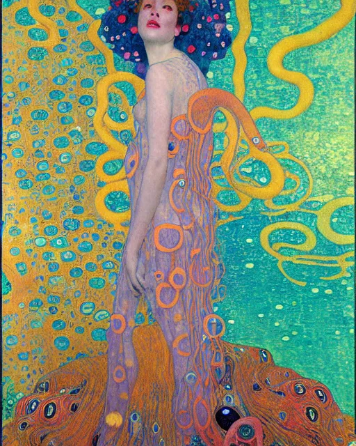 Prompt: a beautiful girl underwater wearing a colourful octopus as a dress and surrounded by glowing jellyfish, painted by gustave klimt, edgar maxence, edward hopper, wayne barlowe, james gilleard and james jean