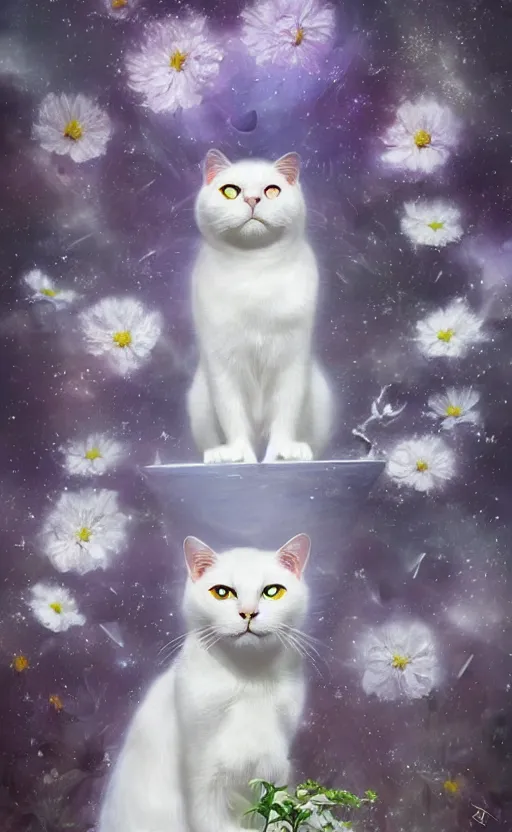 Image similar to a white cat with cosmos in its eyes, dynamic lighting, photorealistic fantasy concept art, trending on art station, stunning visuals, creative, cinematic, ultra detailed