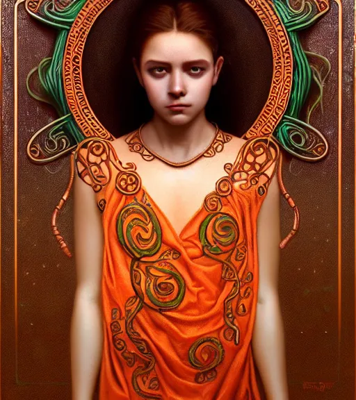 Image similar to portrait of teenage medusa, snake hair, naughty smile, wearing an embroidered orange tunic, intricate, sensual, sultry, elegant, copper and emerald jewelry, glowing lights, seductive, highly detailed, digital painting, artstation, concept art, smooth, sharp focus, illustration, art by wlop, mucha, artgerm, and greg rutkowski